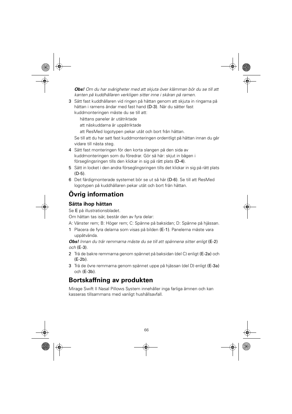 Övrig information, Bortskaffning av produkten | ResMed MIRAGE SWIFT II 60891/1 User Manual | Page 70 / 76