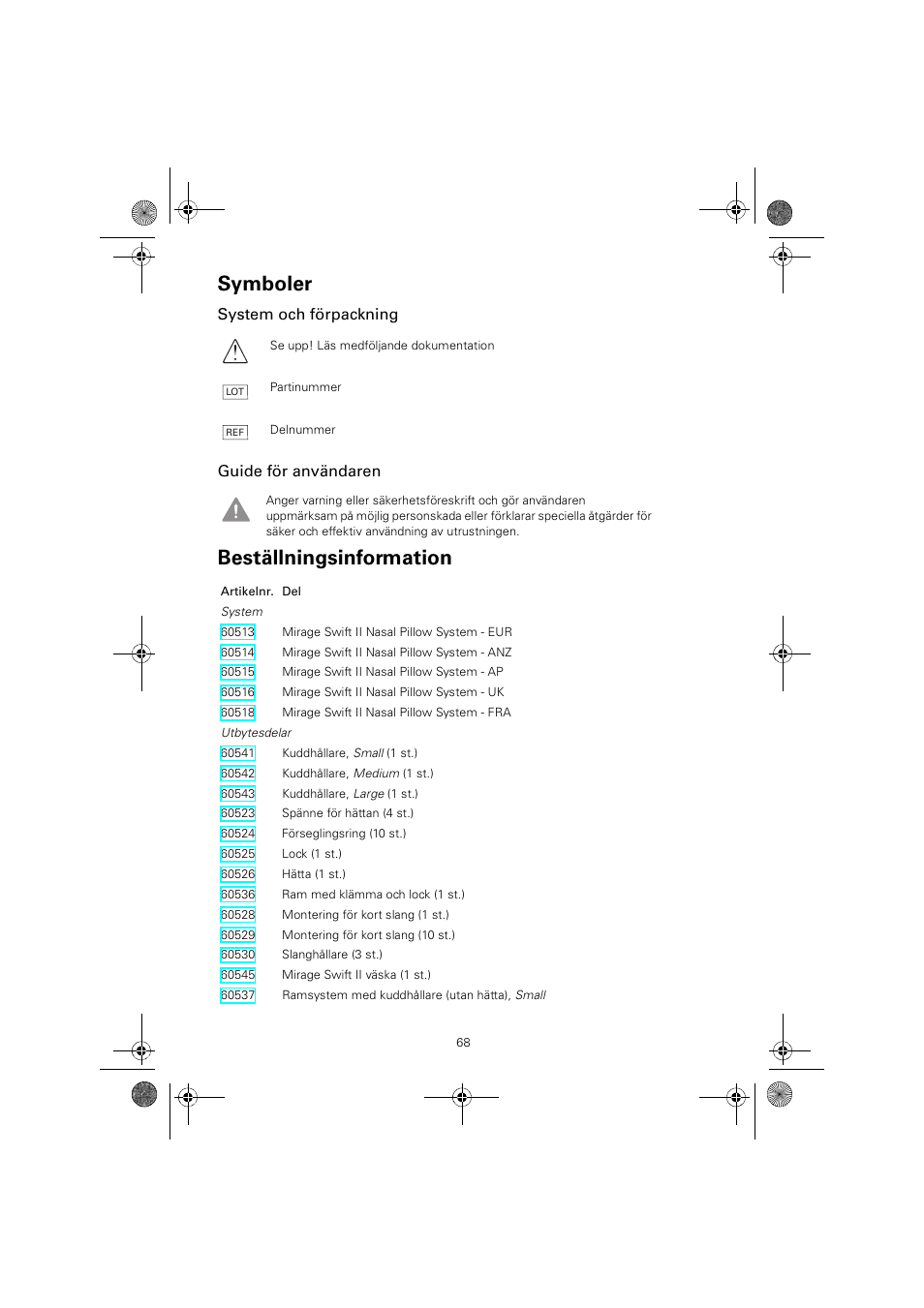 Symboler, Beställningsinformation, System och förpackning guide för användaren | ResMed MIRAGE SWIFT II 60891/1 User Manual | Page 72 / 76