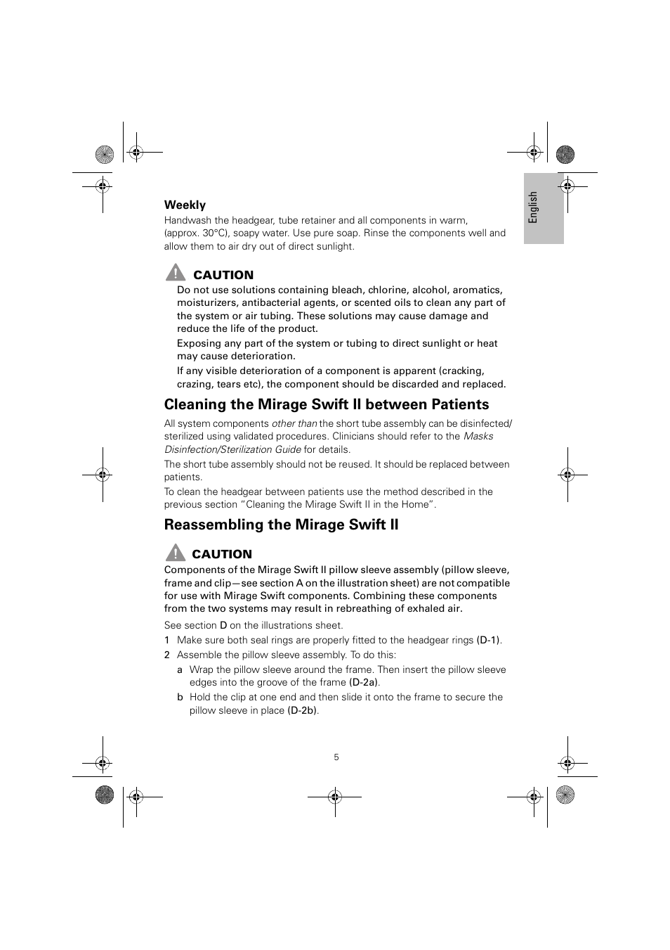 Cleaning the mirage swift ii between patients, Reassembling the mirage swift ii | ResMed MIRAGE SWIFT II 60891/1 User Manual | Page 9 / 76