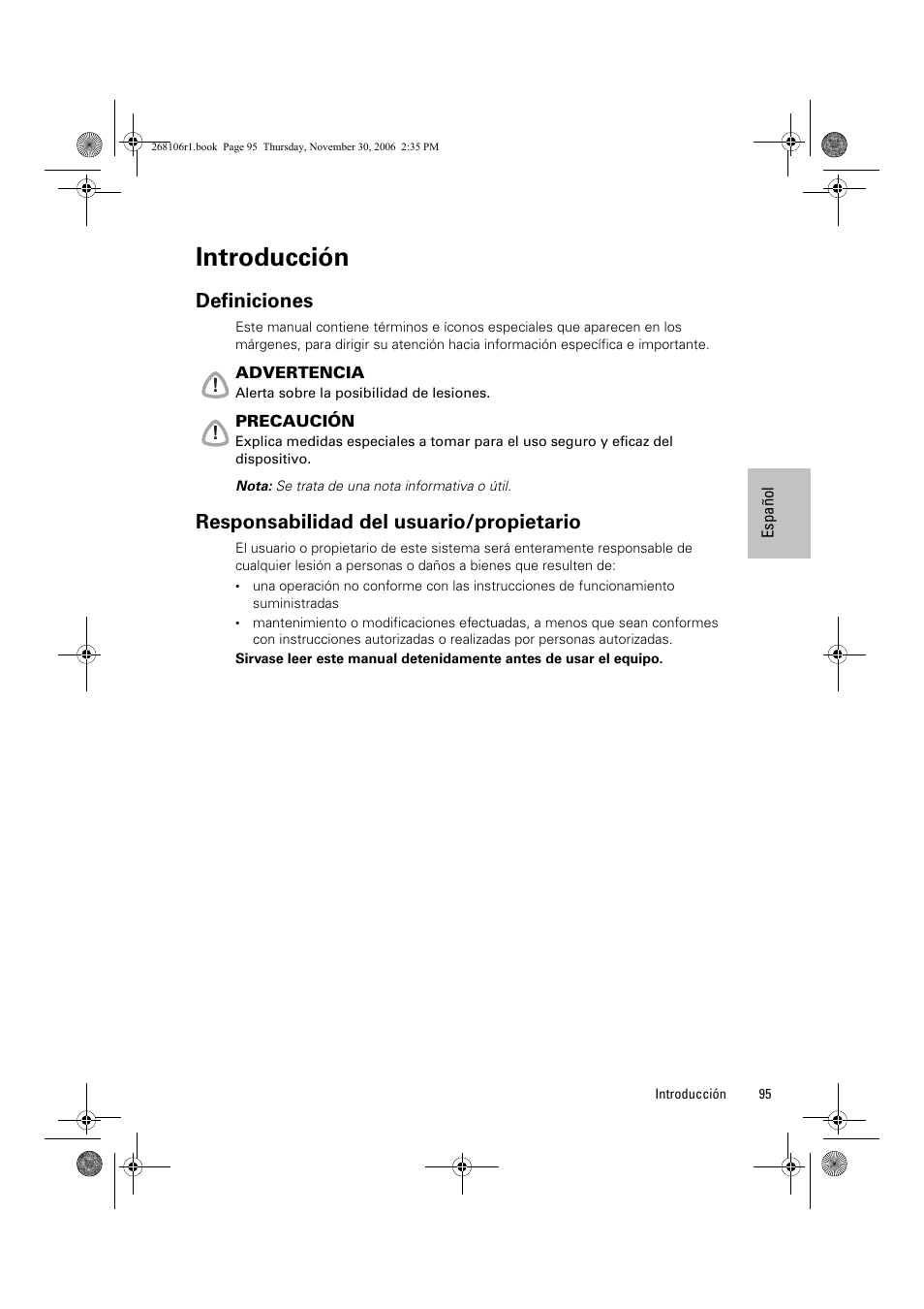 Introducción, Definiciones, Responsabilidad del usuario/propietario | ResMed C16389 User Manual | Page 100 / 193