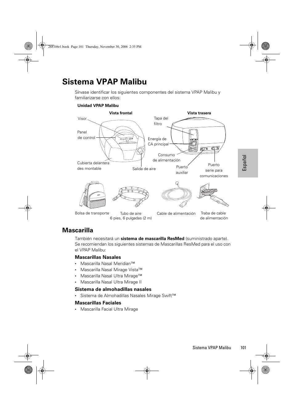 Sistema vpap malibu, Mascarilla | ResMed C16389 User Manual | Page 106 / 193