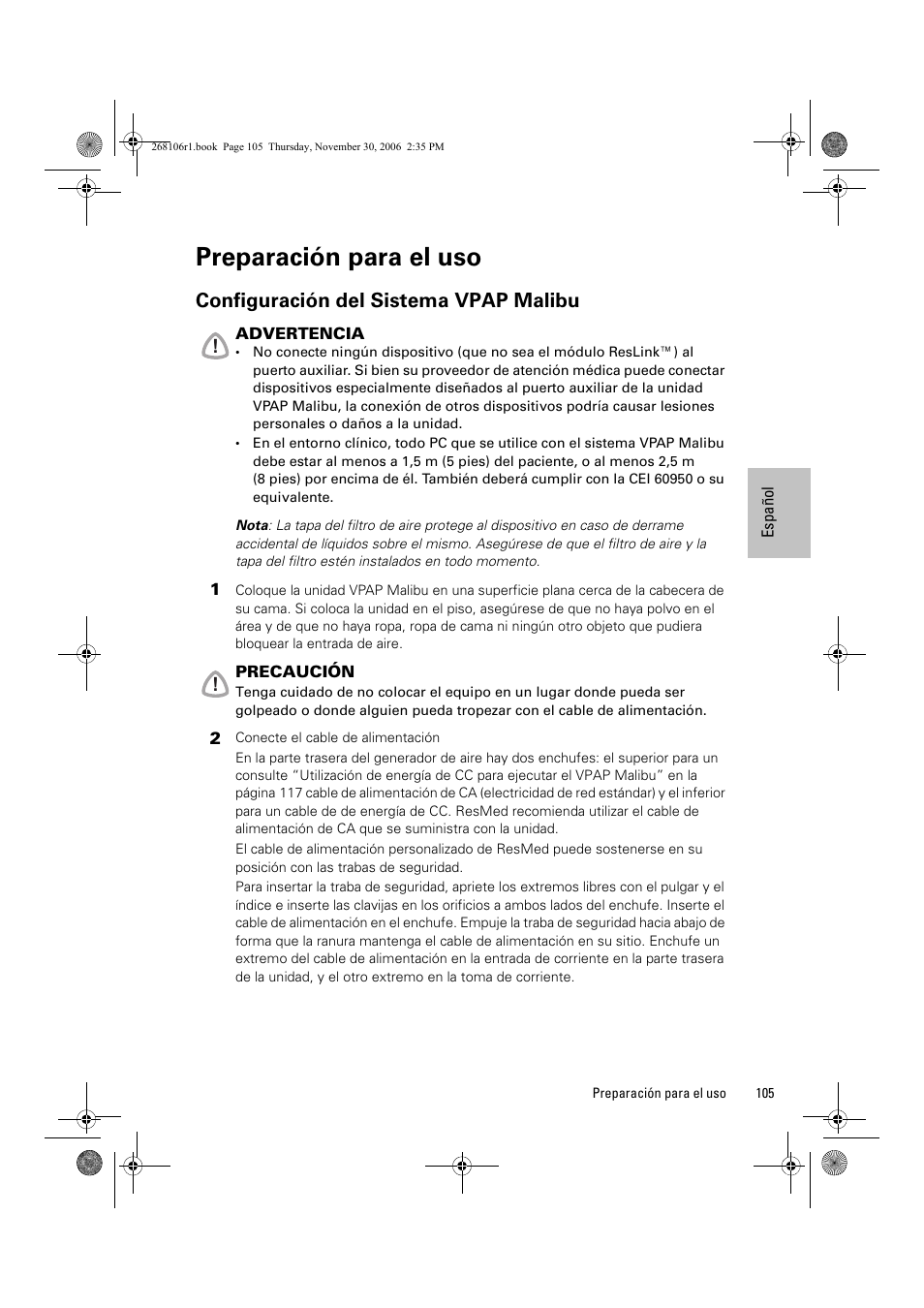 Preparación para el uso, Configuración del sistema vpap malibu | ResMed C16389 User Manual | Page 110 / 193