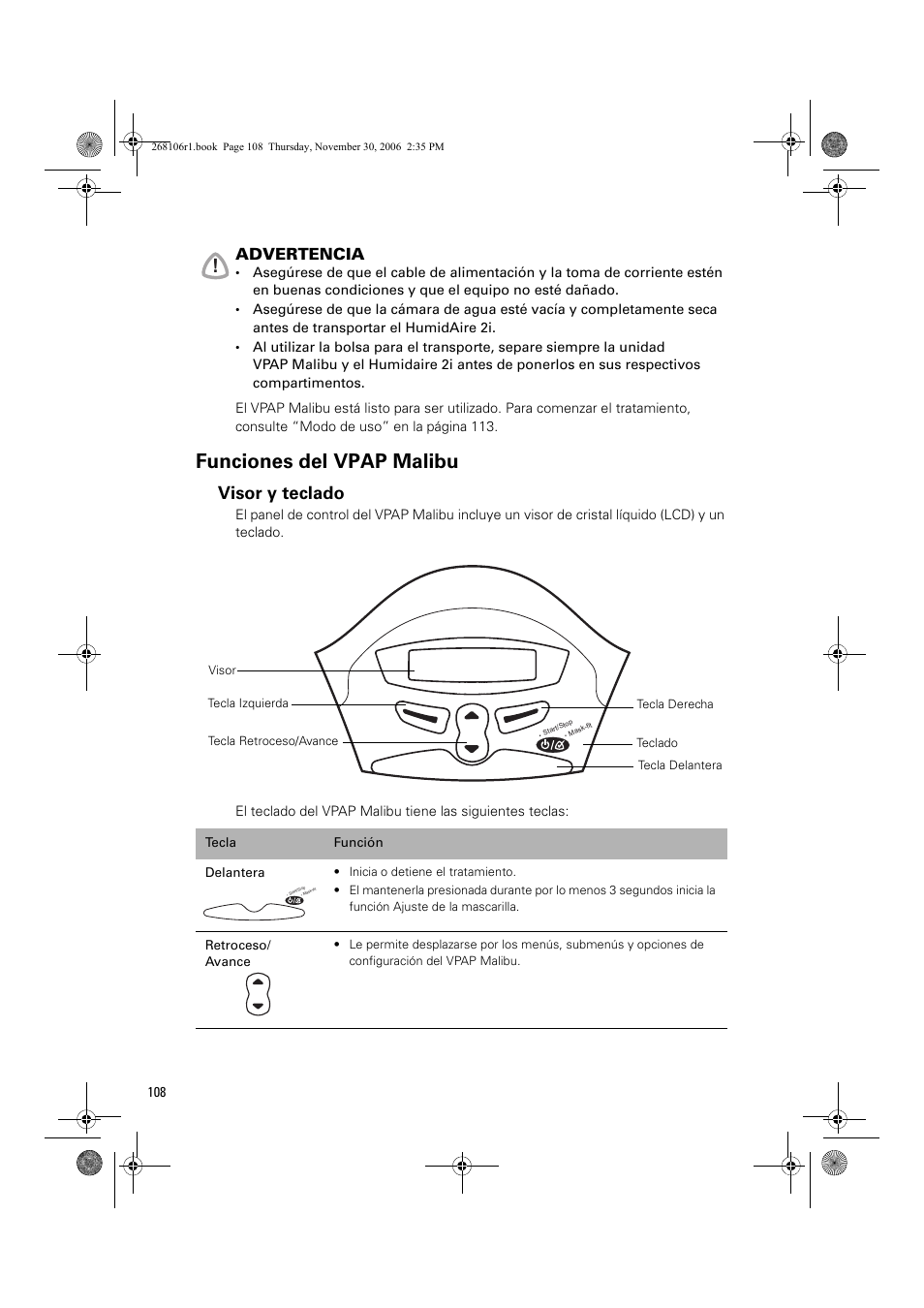 Funciones del vpap malibu, Visor y teclado | ResMed C16389 User Manual | Page 113 / 193