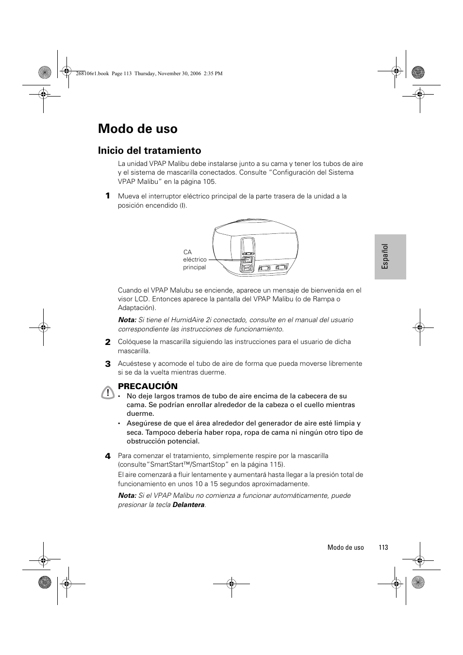 Modo de uso, Inicio del tratamiento | ResMed C16389 User Manual | Page 118 / 193