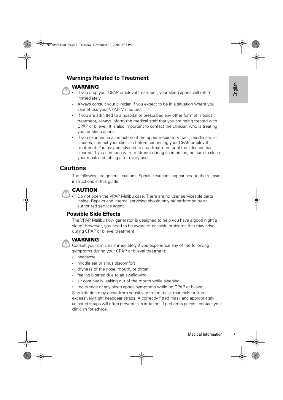 Cautions, Warnings related to treatment, Possible side effects | ResMed C16389 User Manual | Page 12 / 193