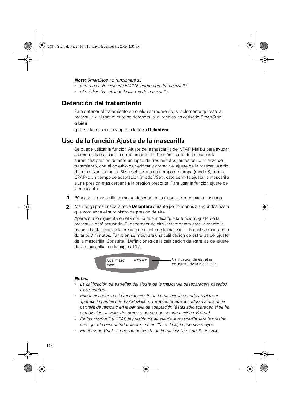 Detención del tratamiento, Uso de la función ajuste de la mascarilla | ResMed C16389 User Manual | Page 121 / 193