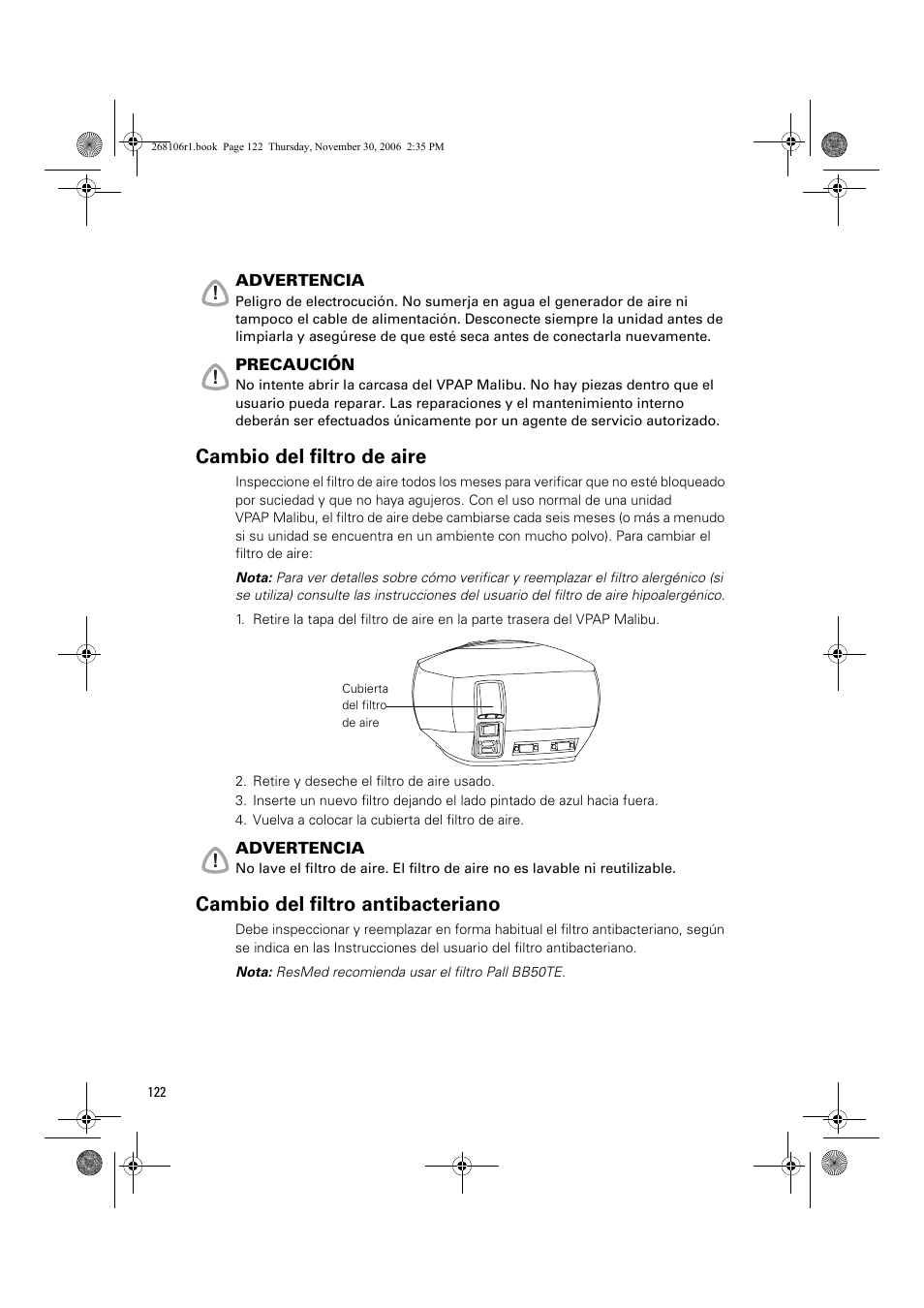 Cambio del filtro de aire, Cambio del filtro antibacteriano | ResMed C16389 User Manual | Page 127 / 193