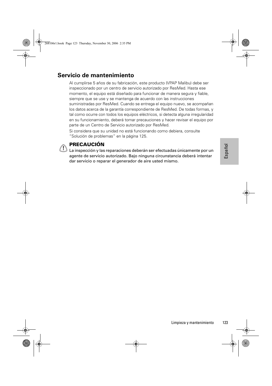 Servicio de mantenimiento | ResMed C16389 User Manual | Page 128 / 193