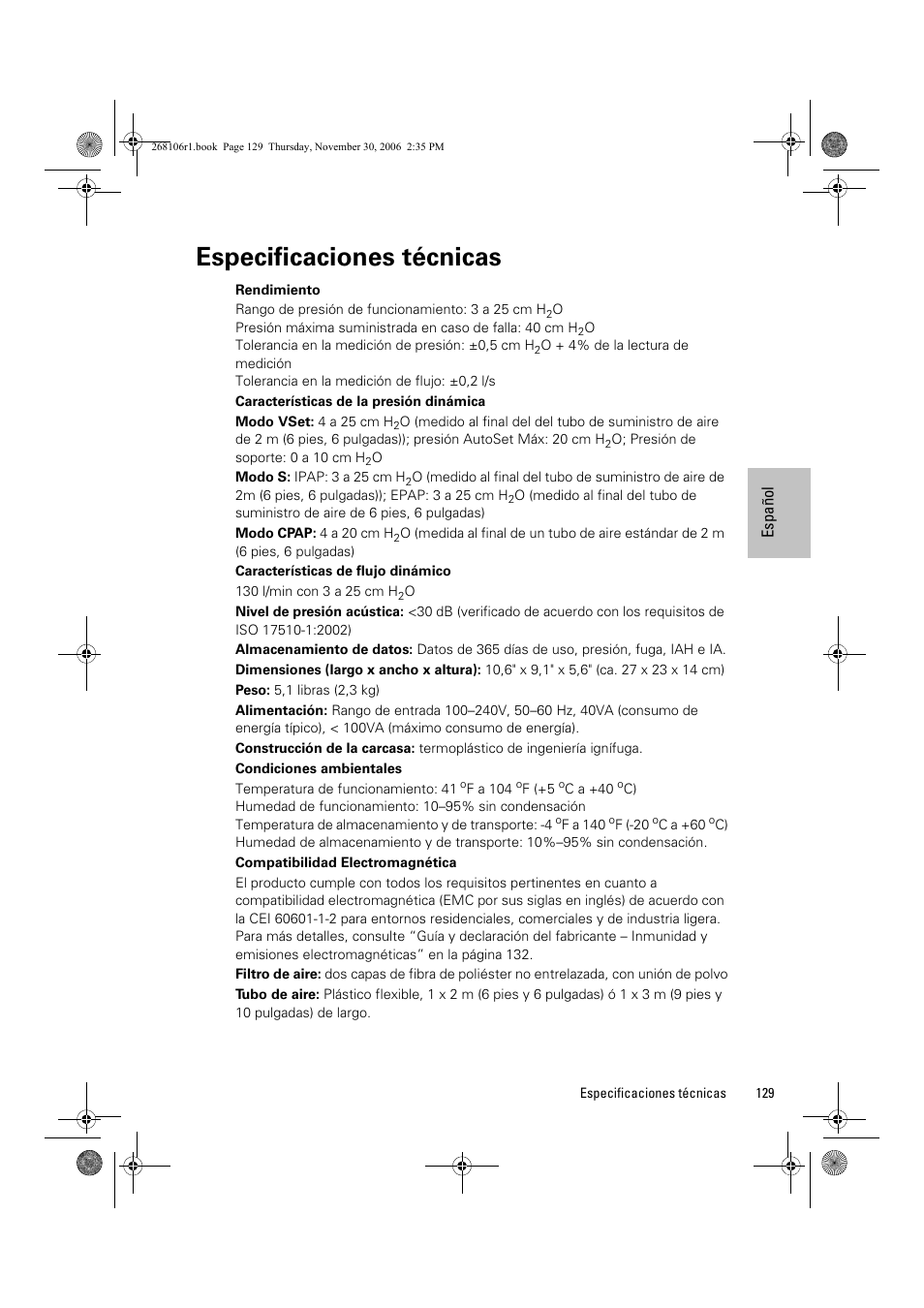 Especificaciones técnicas | ResMed C16389 User Manual | Page 134 / 193