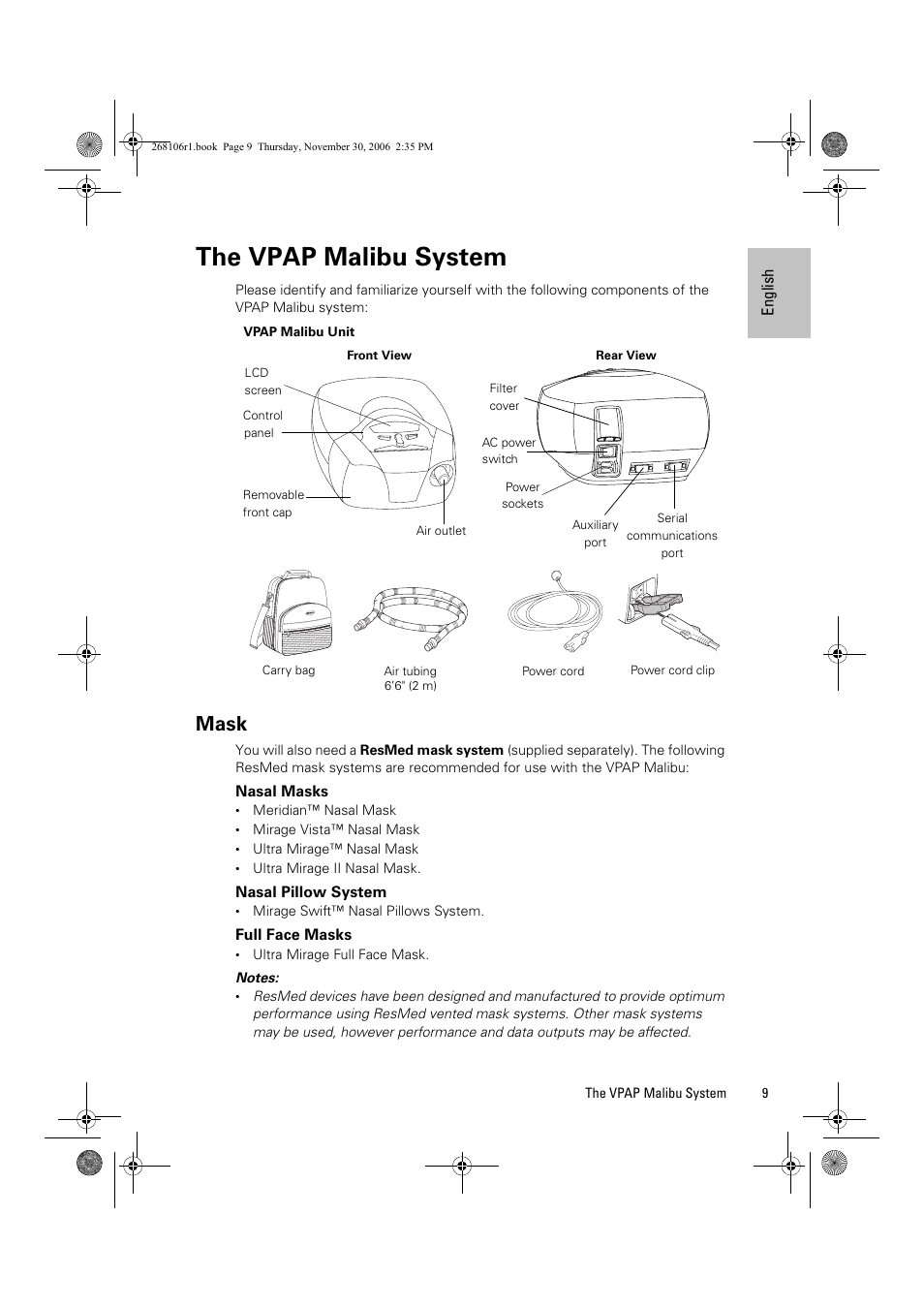 The vpap malibu system, Mask | ResMed C16389 User Manual | Page 14 / 193