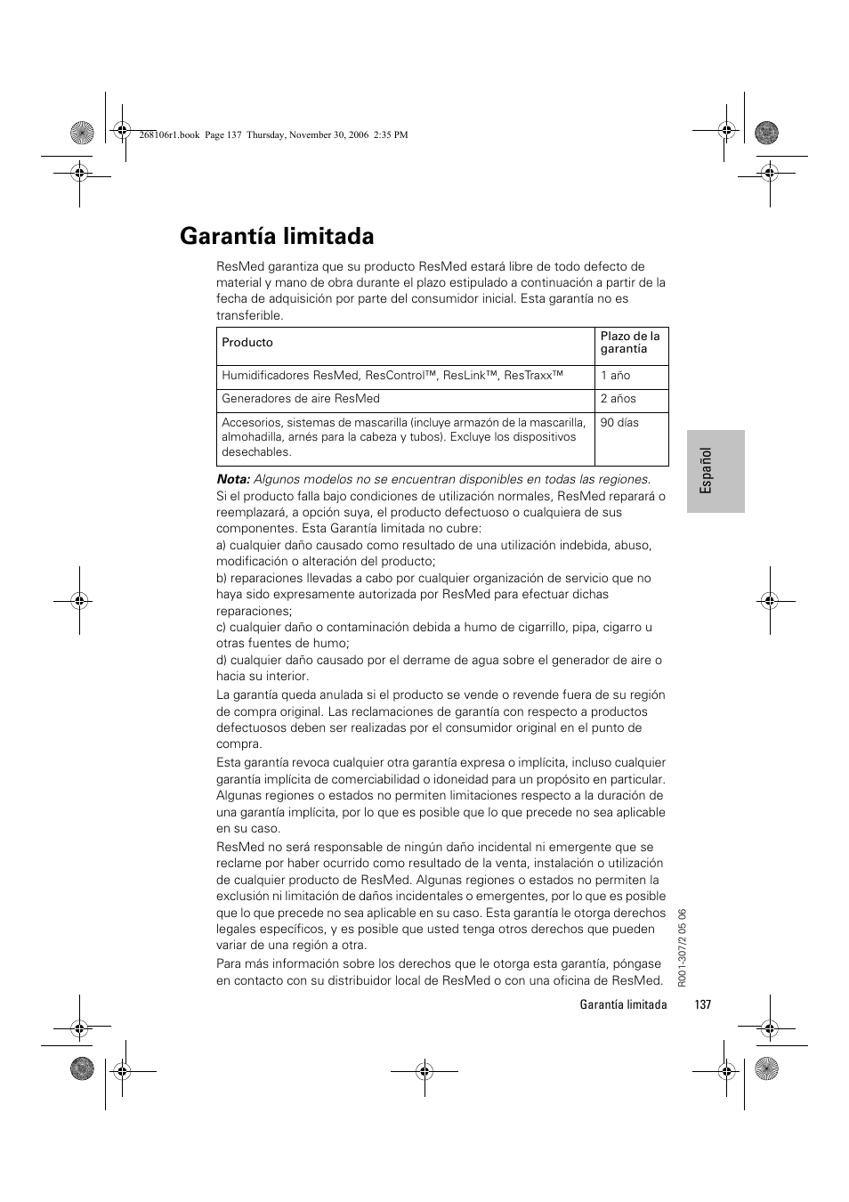 Garantía limitada | ResMed C16389 User Manual | Page 142 / 193