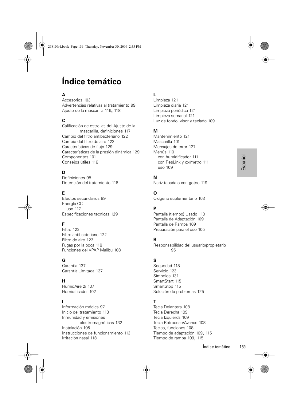 Índice temático | ResMed C16389 User Manual | Page 144 / 193