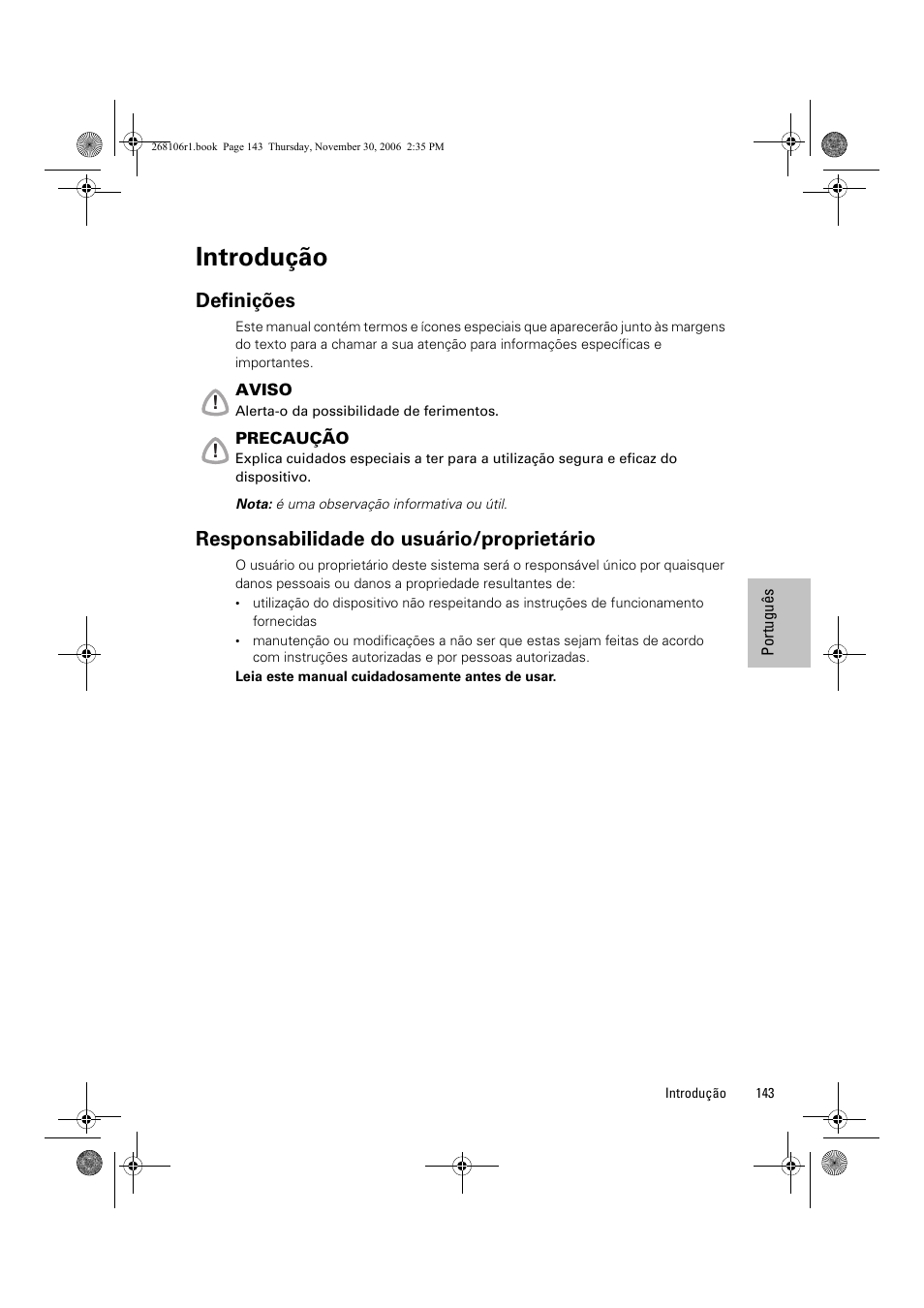 Introdução, Definições, Responsabilidade do usuário/proprietário | ResMed C16389 User Manual | Page 148 / 193