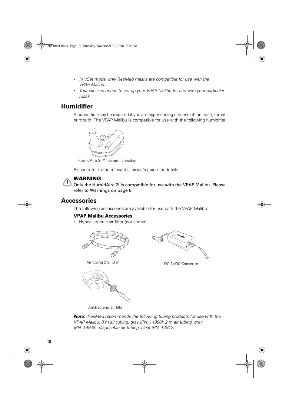 Humidifier, Accessories | ResMed C16389 User Manual | Page 15 / 193