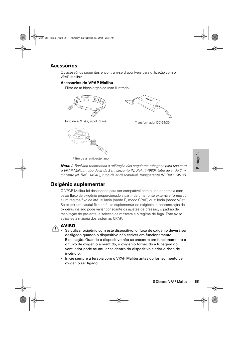 Acessórios, Oxigênio suplementar | ResMed C16389 User Manual | Page 156 / 193