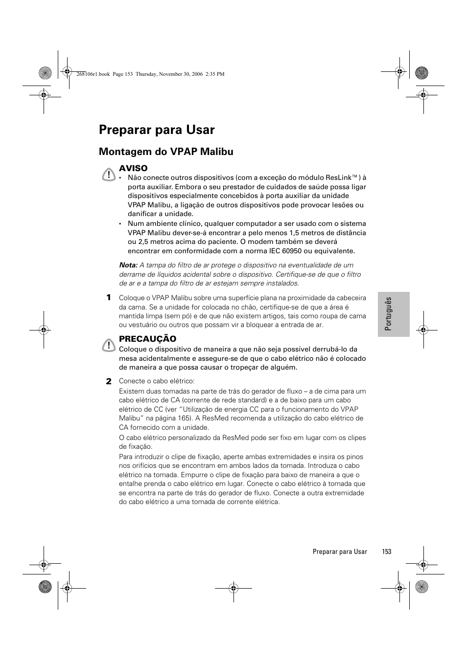 Preparar para usar, Montagem do vpap malibu | ResMed C16389 User Manual | Page 158 / 193