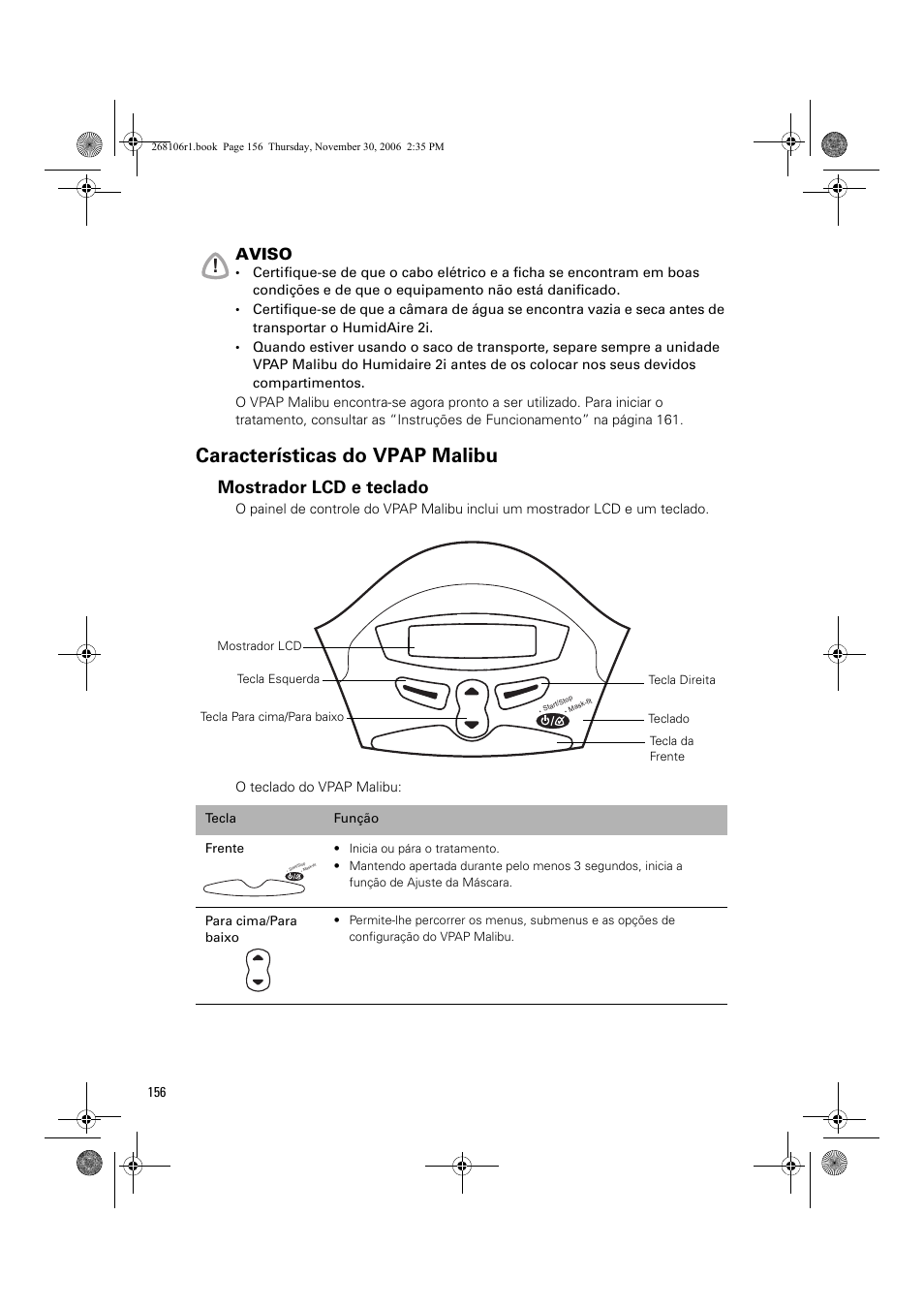 Características do vpap malibu, Mostrador lcd e teclado | ResMed C16389 User Manual | Page 161 / 193