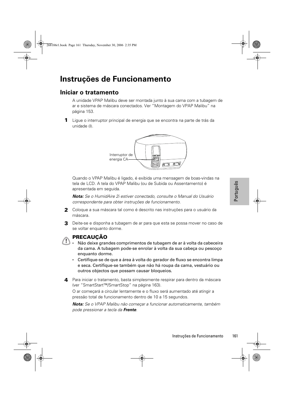 Instruções de funcionamento, Iniciar o tratamento | ResMed C16389 User Manual | Page 166 / 193