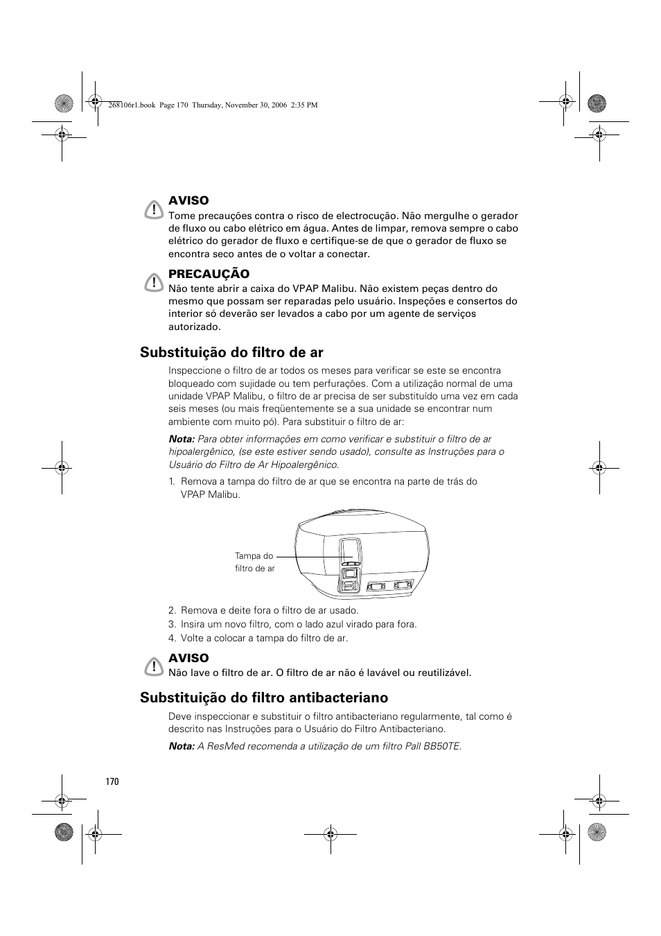 Substituição do filtro de ar, Substituição do filtro antibacteriano | ResMed C16389 User Manual | Page 175 / 193