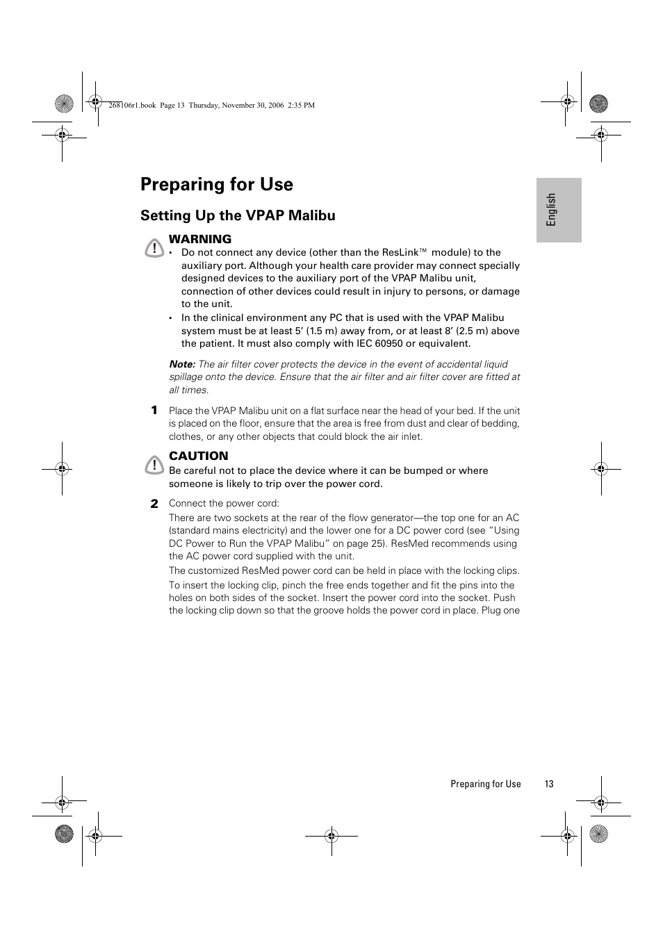 Preparing for use, Setting up the vpap malibu | ResMed C16389 User Manual | Page 18 / 193