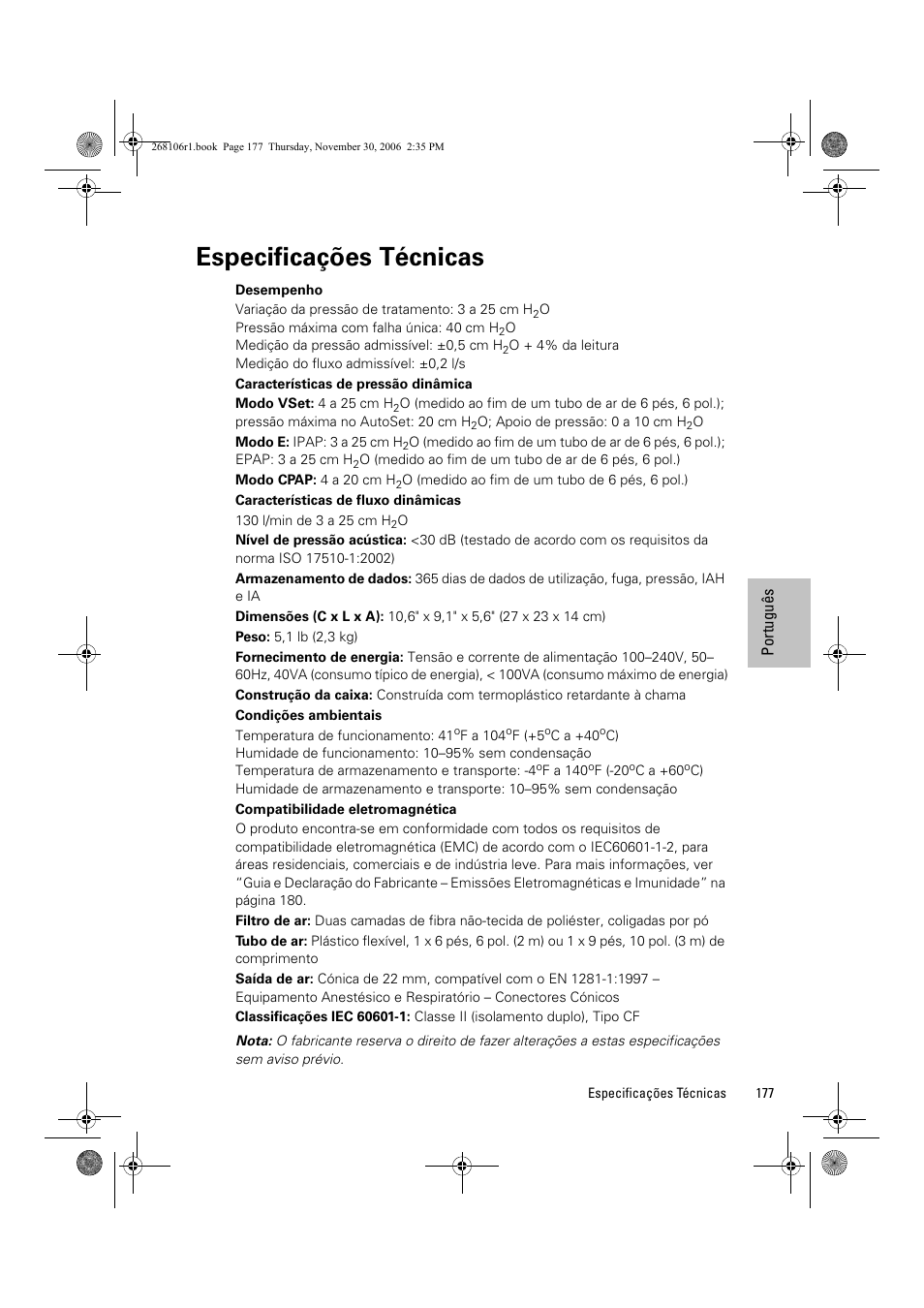 Especificações técnicas | ResMed C16389 User Manual | Page 182 / 193