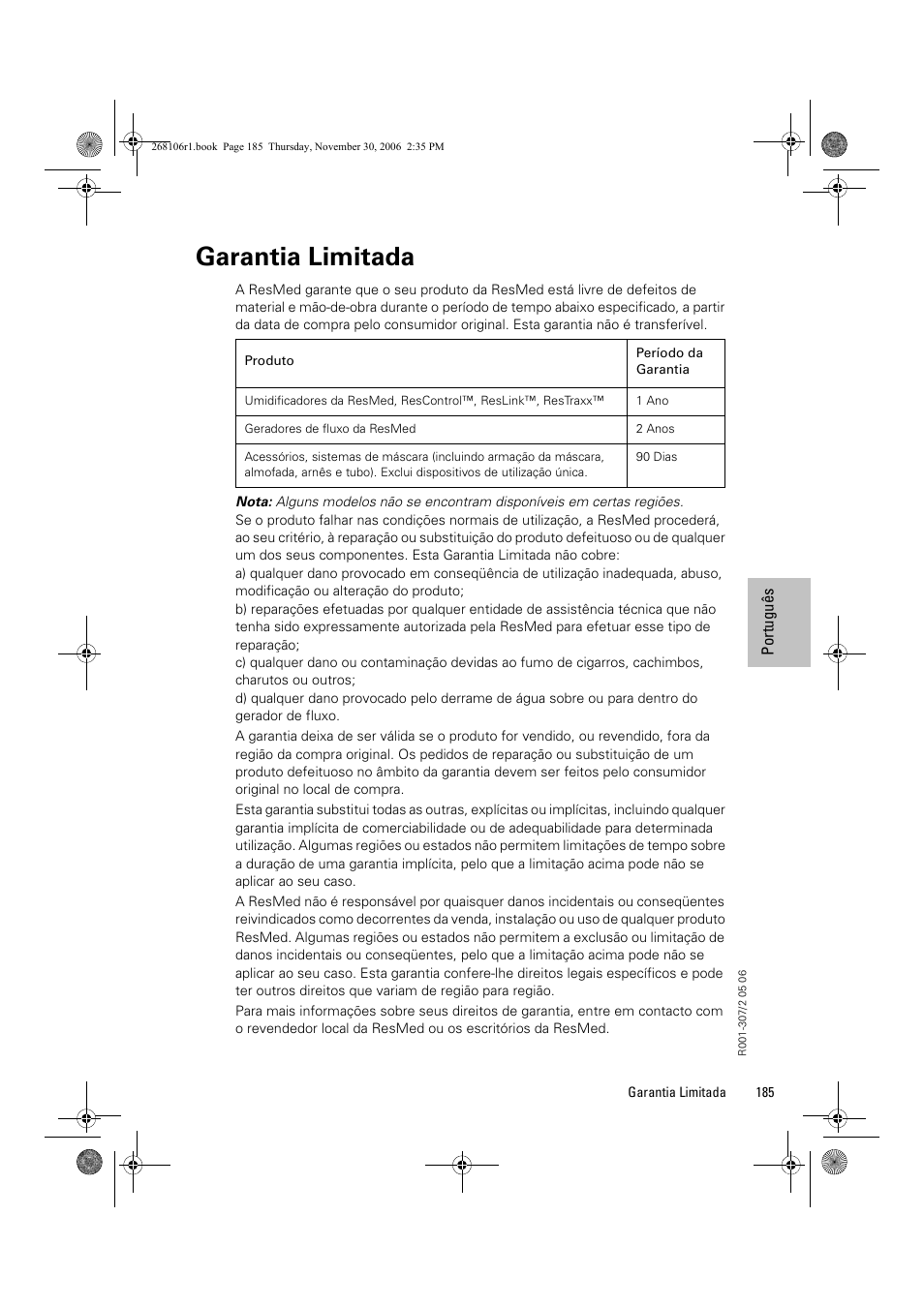 Garantia limitada | ResMed C16389 User Manual | Page 190 / 193