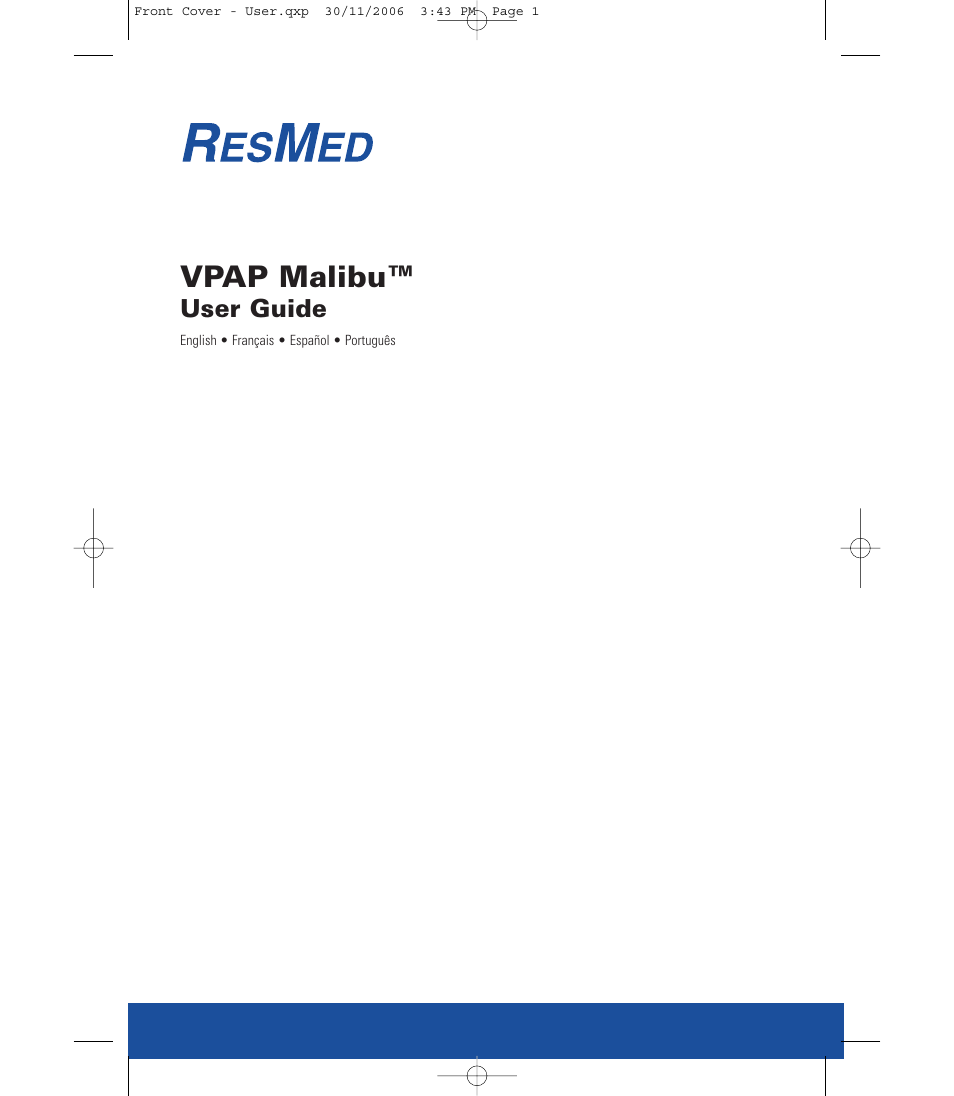 Front cover - user.pdf, Vpap malibu, User guide | ResMed C16389 User Manual | Page 2 / 193