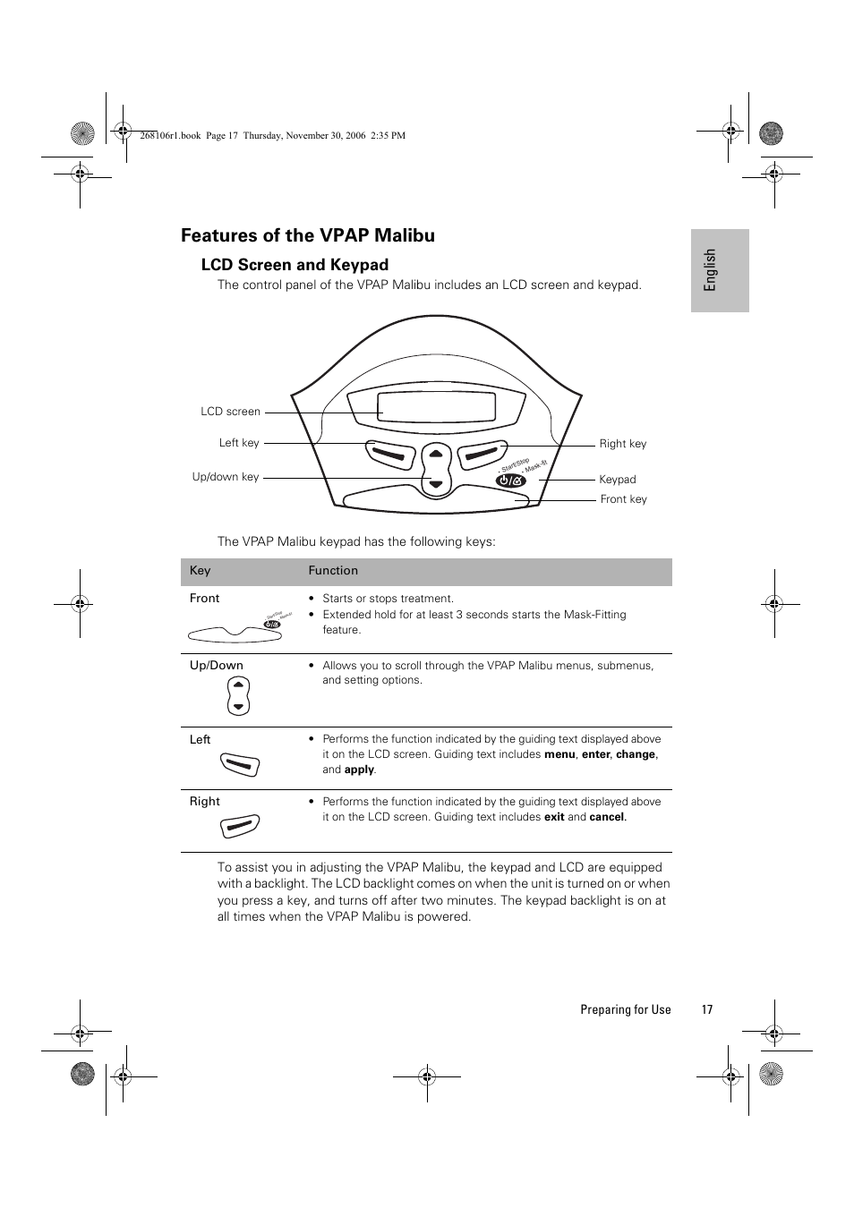 Features of the vpap malibu, Lcd screen and keypad | ResMed C16389 User Manual | Page 22 / 193