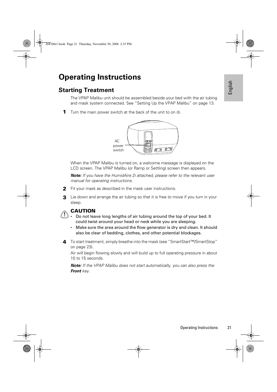 Operating instructions, Starting treatment | ResMed C16389 User Manual | Page 26 / 193