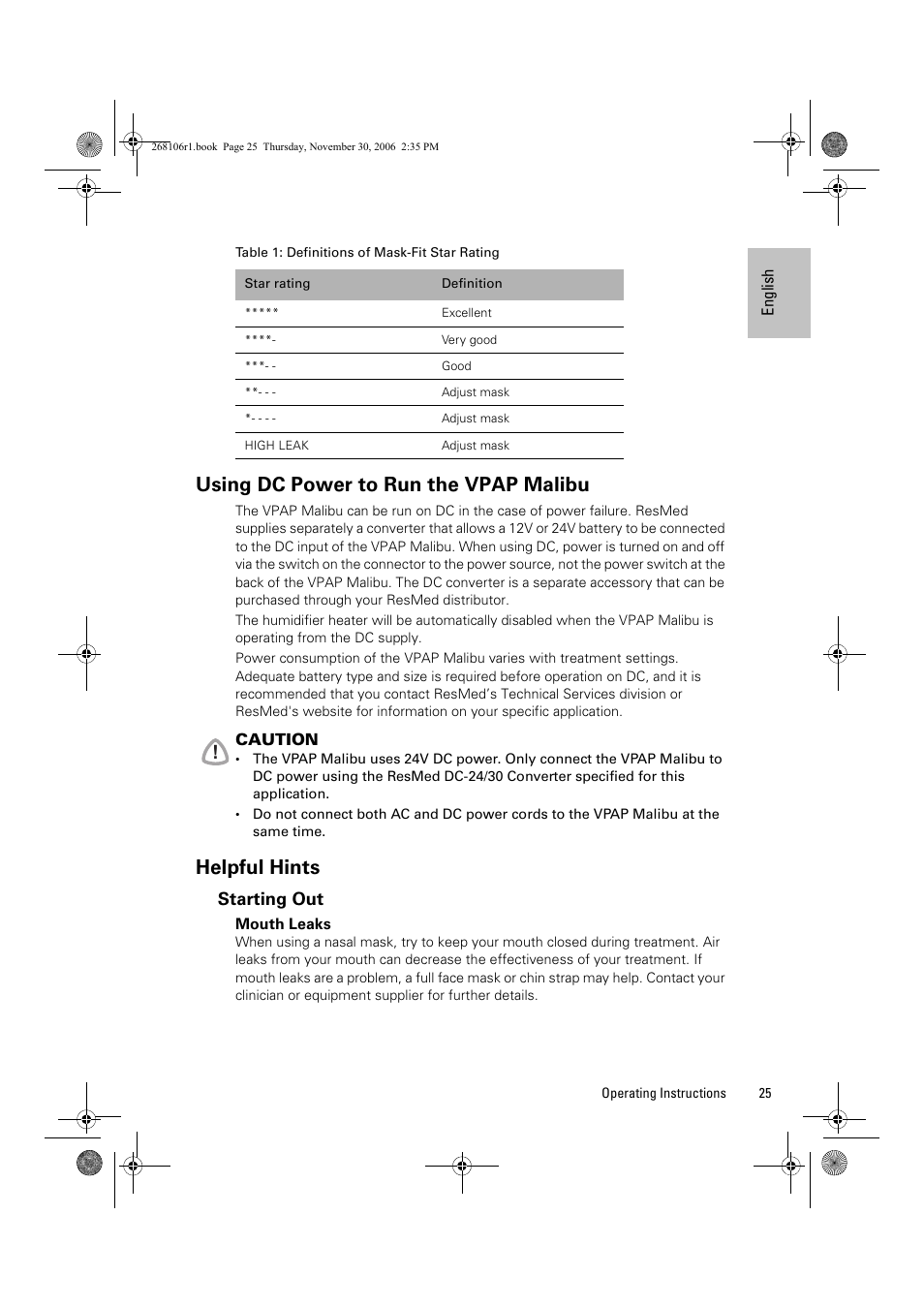 Using dc power to run the vpap malibu, Helpful hints, Starting out | ResMed C16389 User Manual | Page 30 / 193