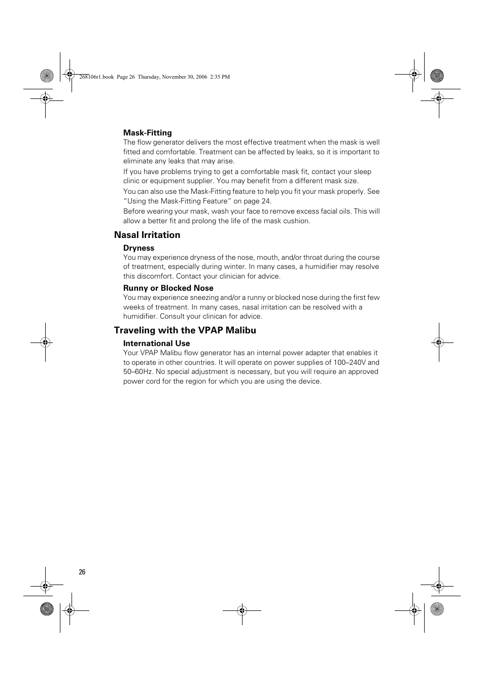 Nasal irritation, Traveling with the vpap malibu | ResMed C16389 User Manual | Page 31 / 193