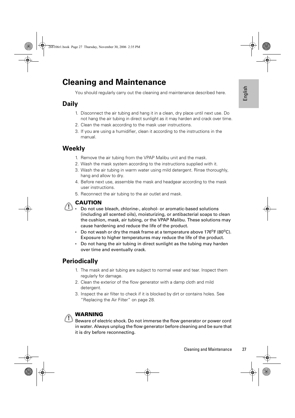 Cleaning and maintenance, Daily, Weekly | Periodically | ResMed C16389 User Manual | Page 32 / 193