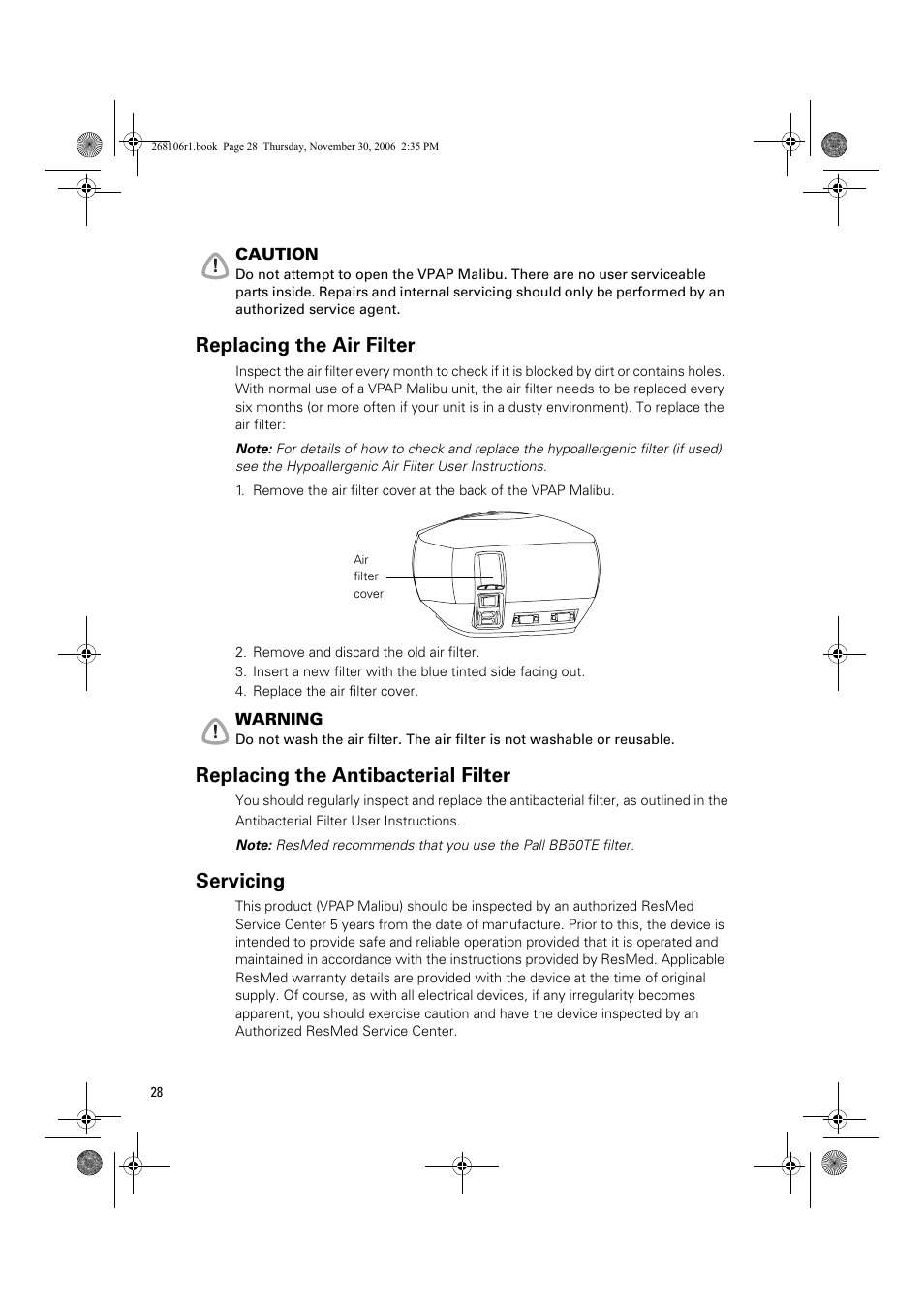 Replacing the air filter, Replacing the antibacterial filter, Servicing | ResMed C16389 User Manual | Page 33 / 193