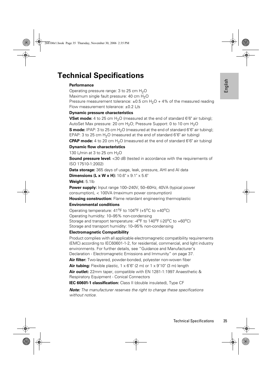 Technical specifications | ResMed C16389 User Manual | Page 40 / 193