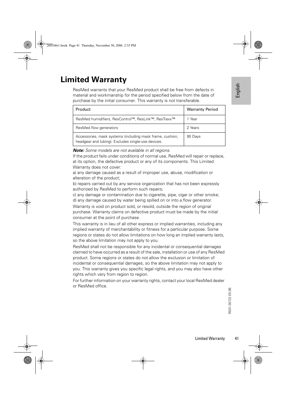 Limited warranty | ResMed C16389 User Manual | Page 46 / 193