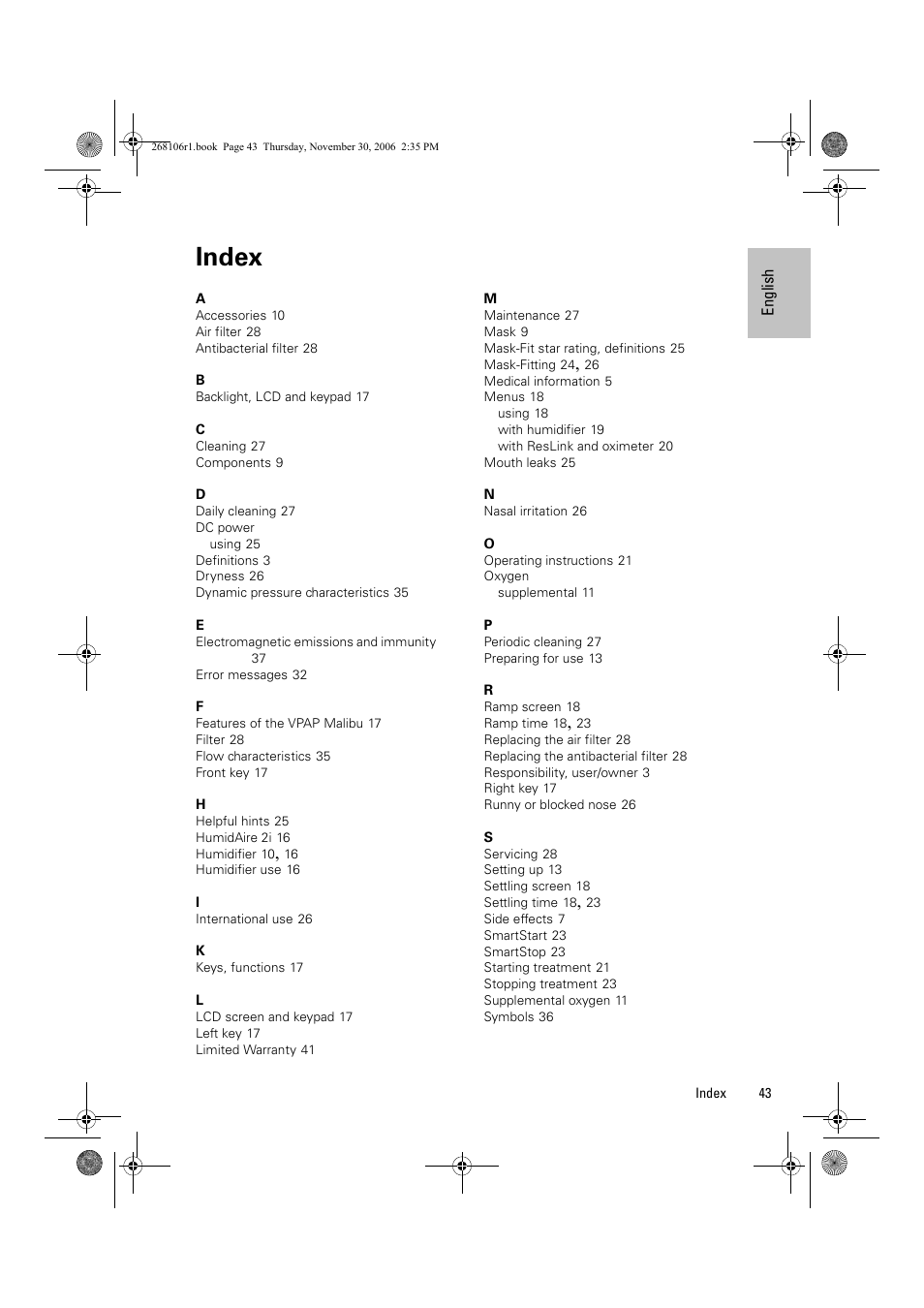 Index | ResMed C16389 User Manual | Page 48 / 193