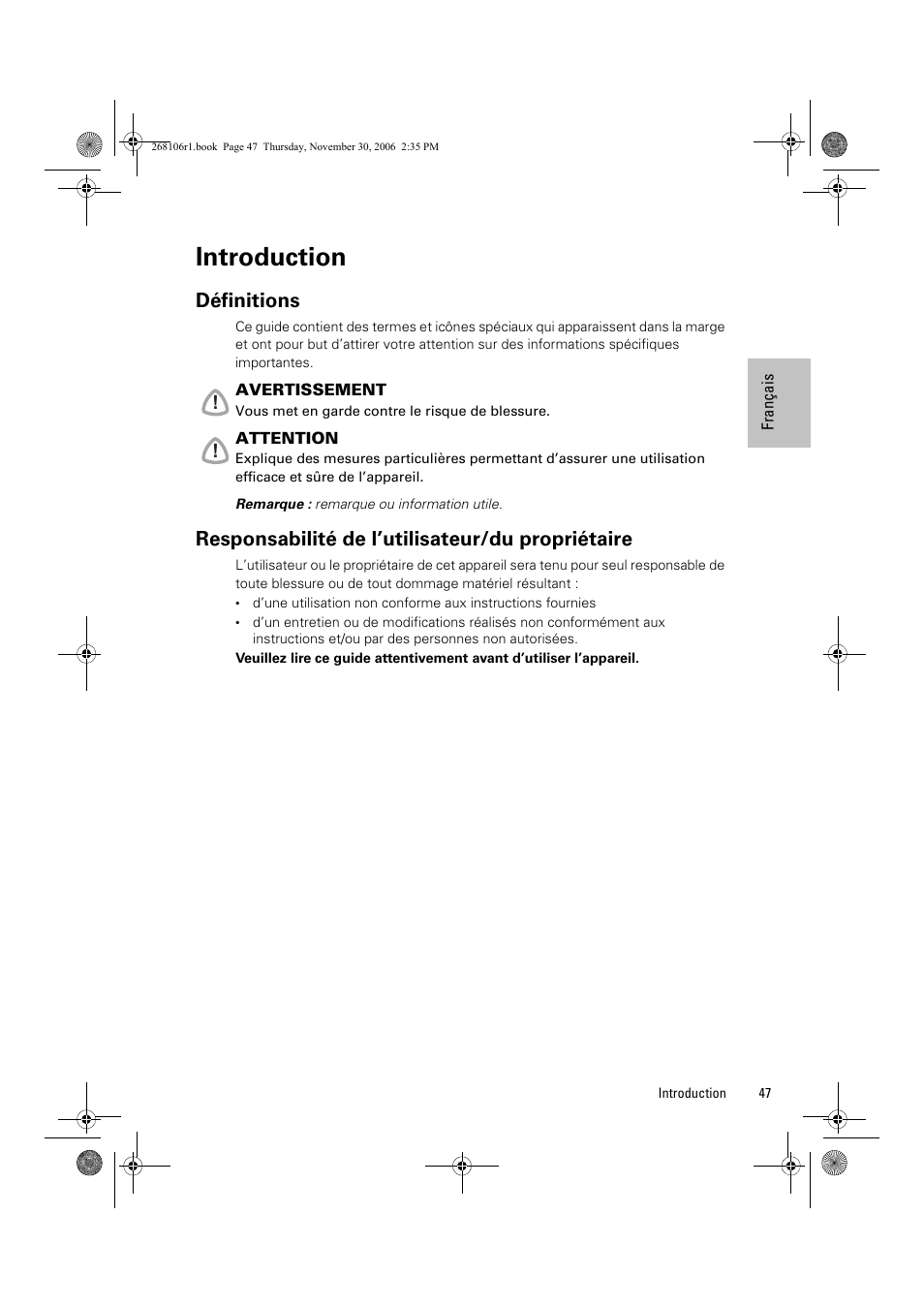 Introduction, Définitions, Responsabilité de l’utilisateur/du propriétaire | ResMed C16389 User Manual | Page 52 / 193