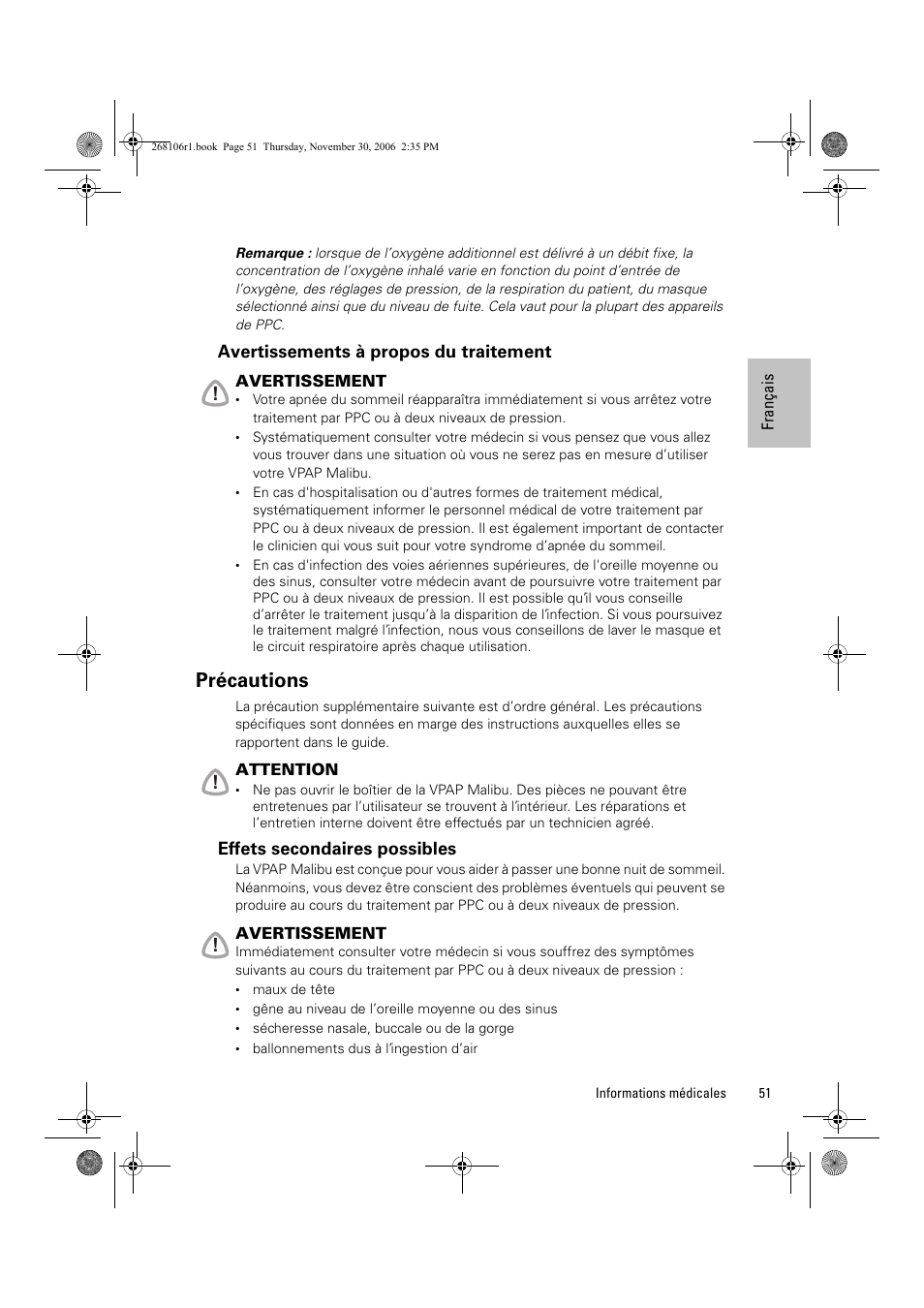 Précautions, Avertissements à propos du traitement, Effets secondaires possibles | ResMed C16389 User Manual | Page 56 / 193