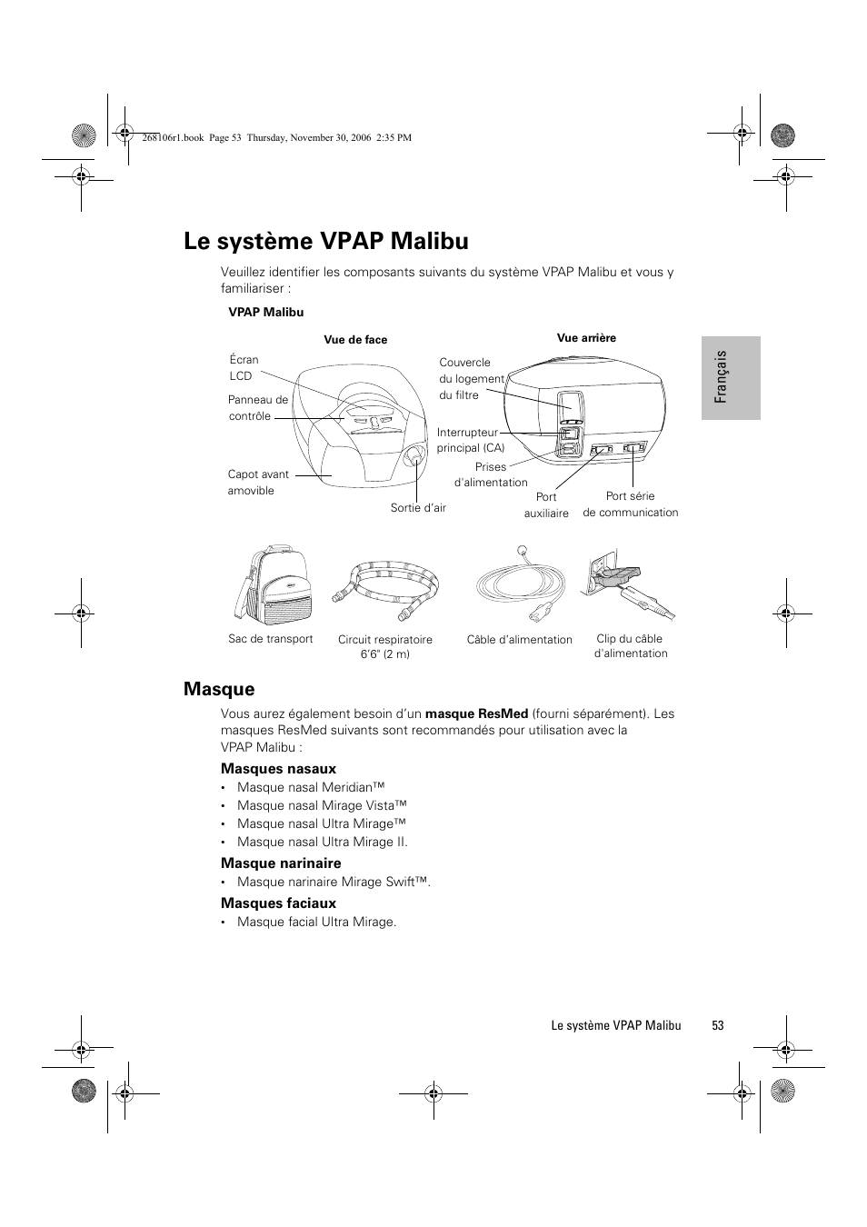 Le système vpap malibu, Masque | ResMed C16389 User Manual | Page 58 / 193