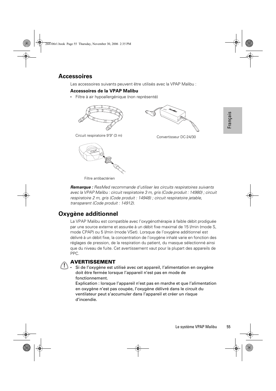 Accessoires, Oxygène additionnel | ResMed C16389 User Manual | Page 60 / 193