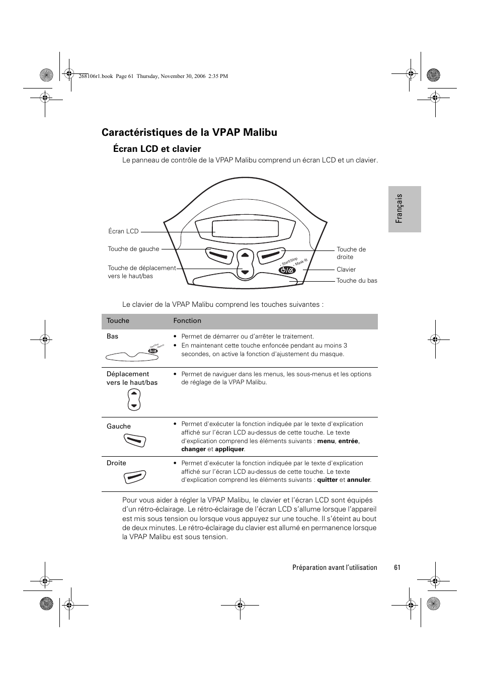 Caractéristiques de la vpap malibu, Écran lcd et clavier | ResMed C16389 User Manual | Page 66 / 193