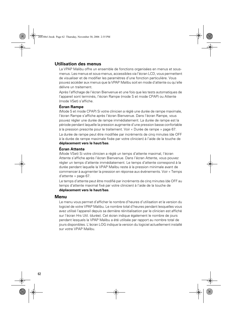 Utilisation des menus, Menu | ResMed C16389 User Manual | Page 67 / 193