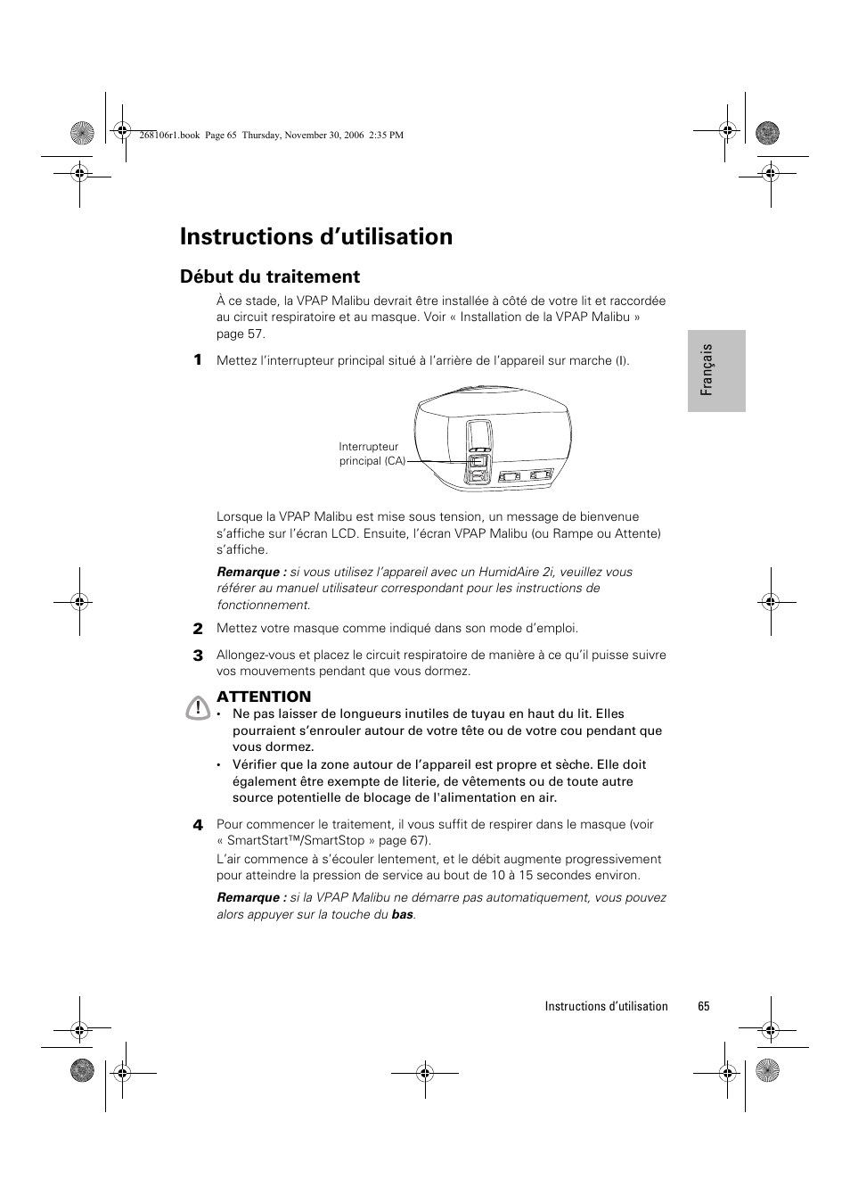 Instructions d’utilisation, Début du traitement | ResMed C16389 User Manual | Page 70 / 193