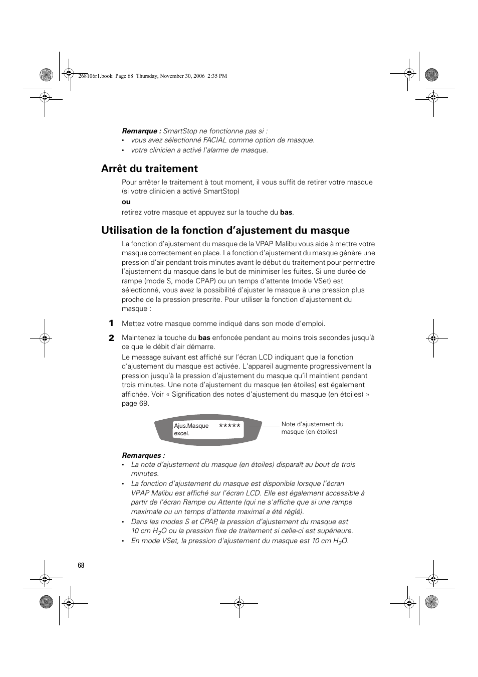 Arrêt du traitement, Utilisation de la fonction d’ajustement du masque | ResMed C16389 User Manual | Page 73 / 193