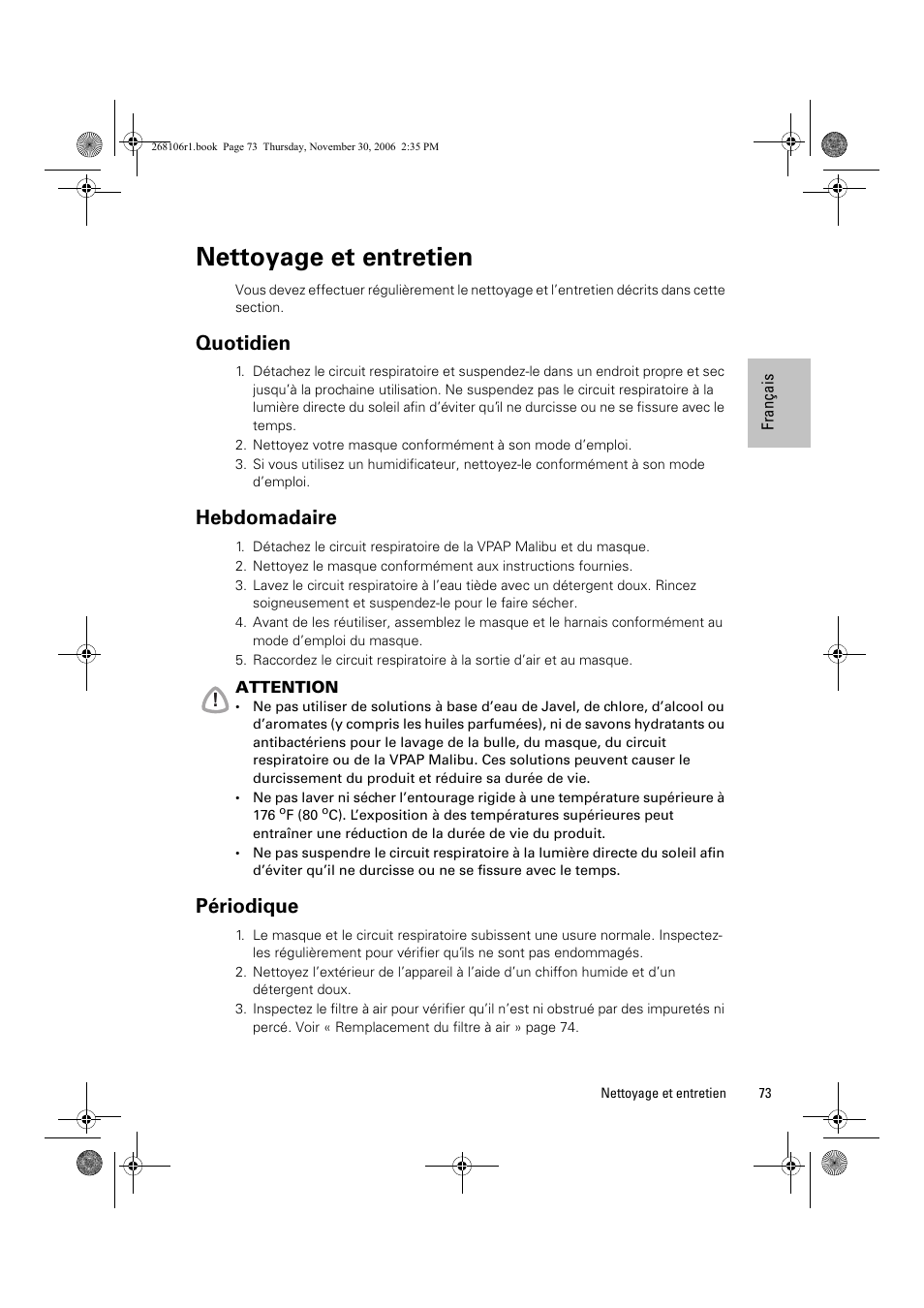 Nettoyage et entretien, Quotidien, Hebdomadaire | Périodique | ResMed C16389 User Manual | Page 78 / 193