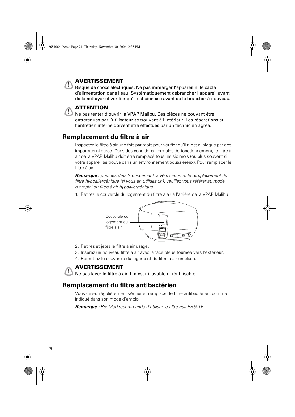 Remplacement du filtre à air, Remplacement du filtre antibactérien | ResMed C16389 User Manual | Page 79 / 193