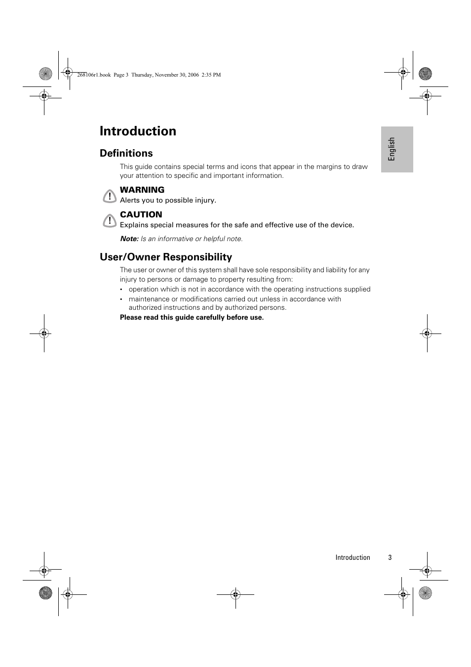 Introduction, Definitions, User/owner responsibility | ResMed C16389 User Manual | Page 8 / 193