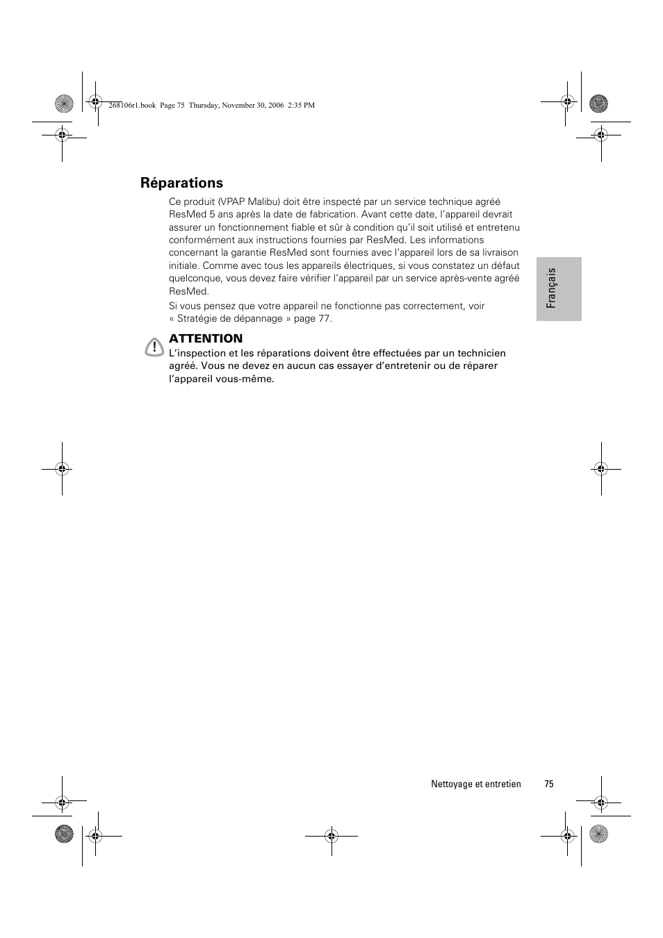 Réparations | ResMed C16389 User Manual | Page 80 / 193