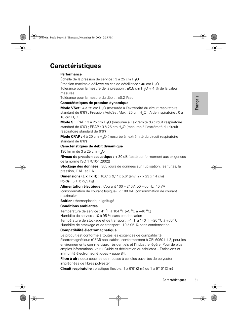 Caractéristiques | ResMed C16389 User Manual | Page 86 / 193