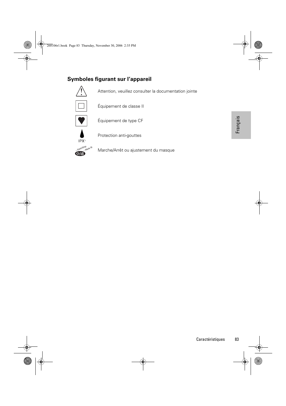 Symboles figurant sur l’appareil | ResMed C16389 User Manual | Page 88 / 193